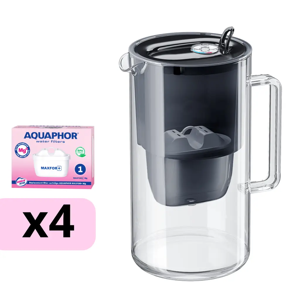 [4-522667] AQUAPHOR filtrační konvice GLASS MAXFOR+ Mg + 4 vložky MAXFOR+ Mg (černá)