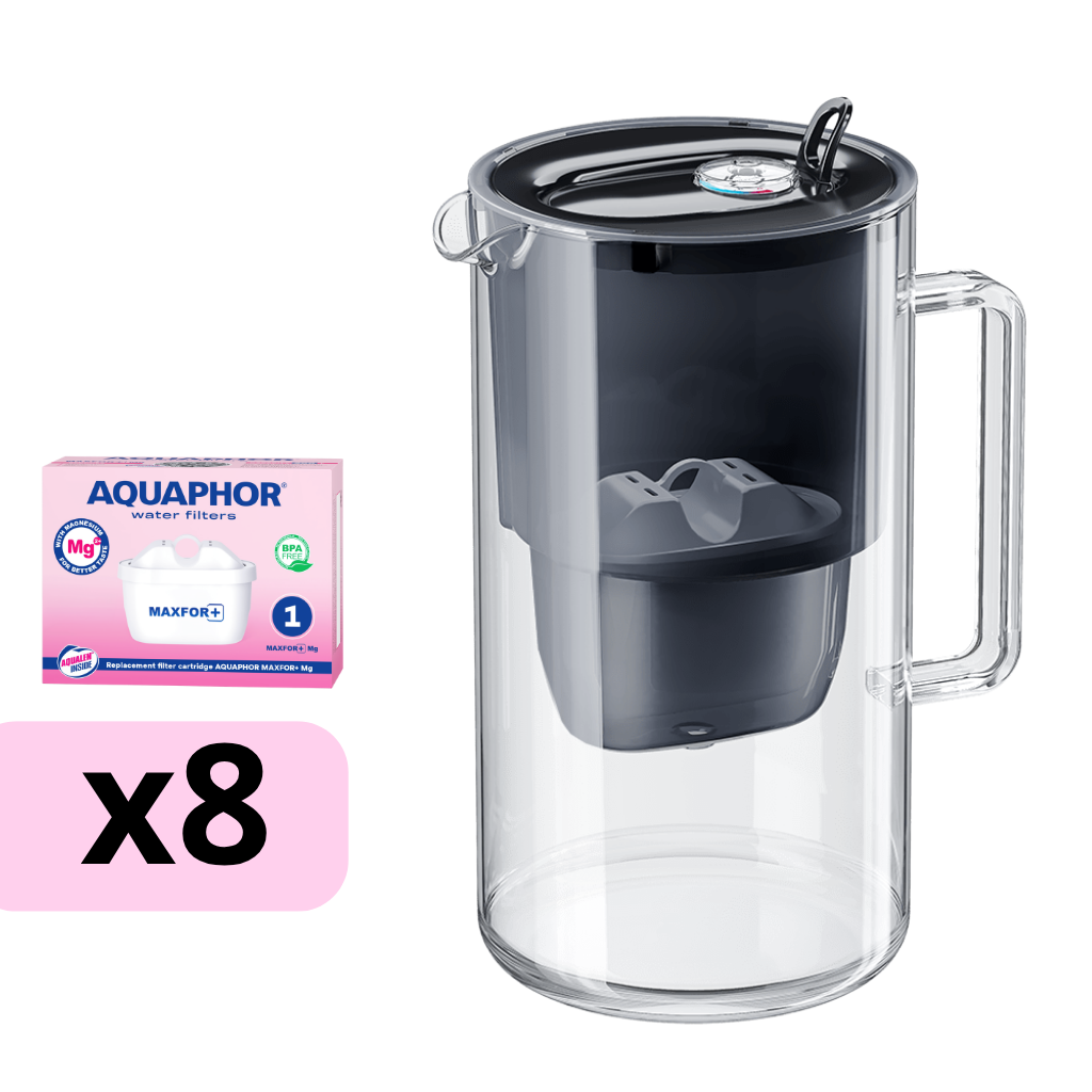 [8-522667] AQUAPHOR skleněná filtrační konvice GLASS s 8 vložkami MAXFOR+ Mg (černá)